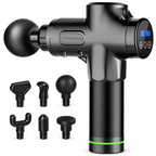 Black FODRK 30-speed massage gun with six attachment heads on a white background