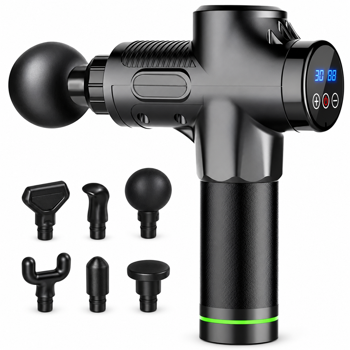Black FODRK 30-speed massage gun with six attachment heads on a white background