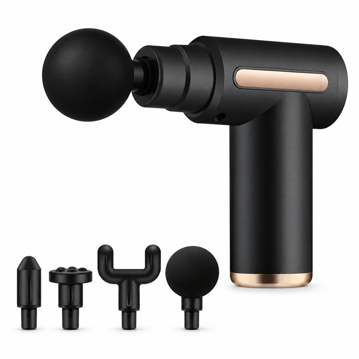 Black FODRK compact 6-speed massage gun with four attachment heads on a white background