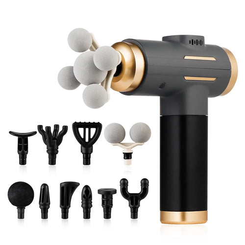 Black Foreverlily rechargeable massage gun with 11 attachment heads on a white background