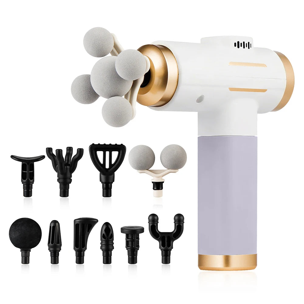 White Foreverlily rechargeable massage gun with 11 attachment heads on a white background